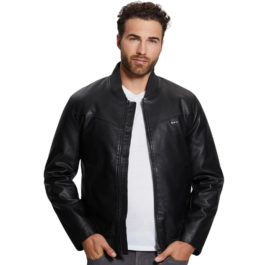 Men’s Black Faux-Leather Jacket Aviator Jacket