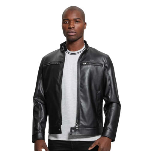 Men’s Faux-Leather Biker Jacket Grey – Black