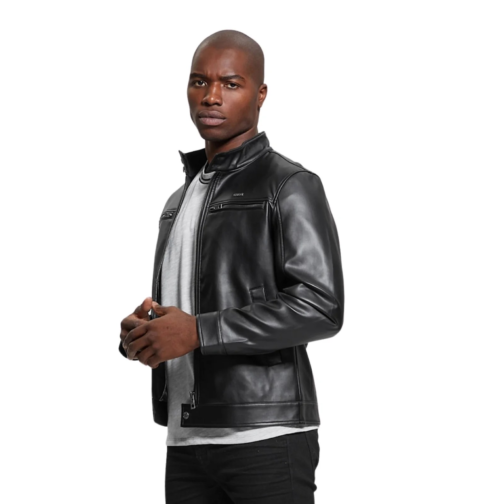 Men’s Faux-Leather Biker Jacket Grey – Black - Image 2