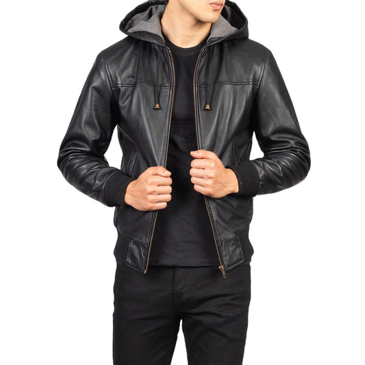 AFZI Black Hooded Leather Bomber Jacket