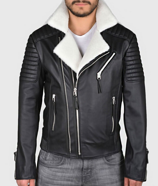 AFZI Men’s Black Shearling Leather Biker Jacket