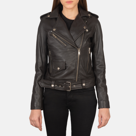 AFZI Brown Leather Biker Jacket for Women