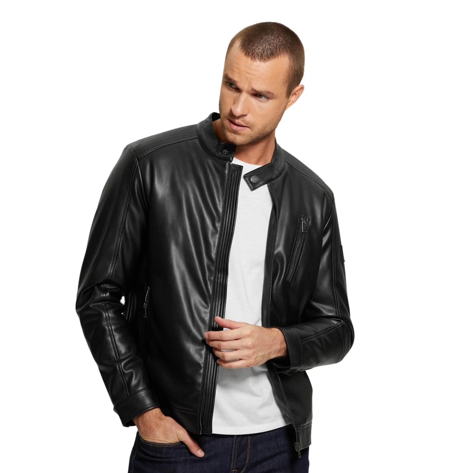 Men’s Black Faux-Leather Jacket Aviator Jacket - Image 4