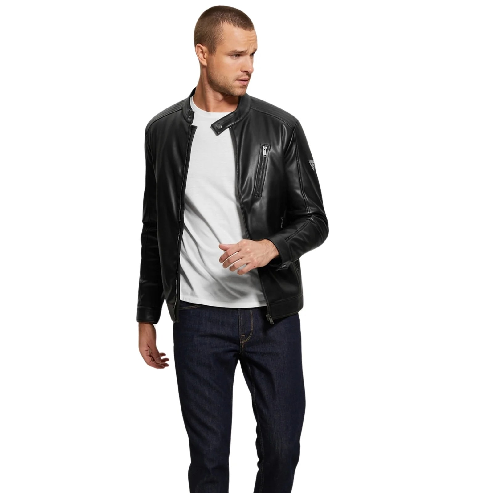 Men’s Black Faux-Leather Jacket Aviator Jacket - Image 2
