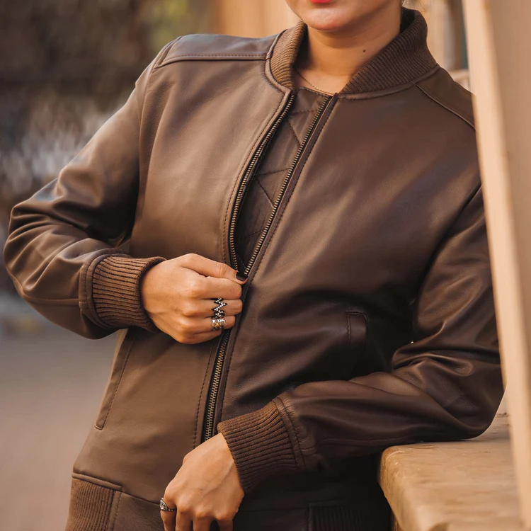 AFZI Women's Genuine Leather Classic Baseball Brown Bomber Style Jacket