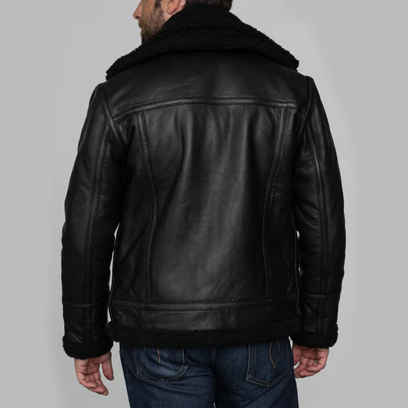 Mens Aviator Black Sheepskin Shearling Leather Cowboy Vintage Western Jacket - Image 3