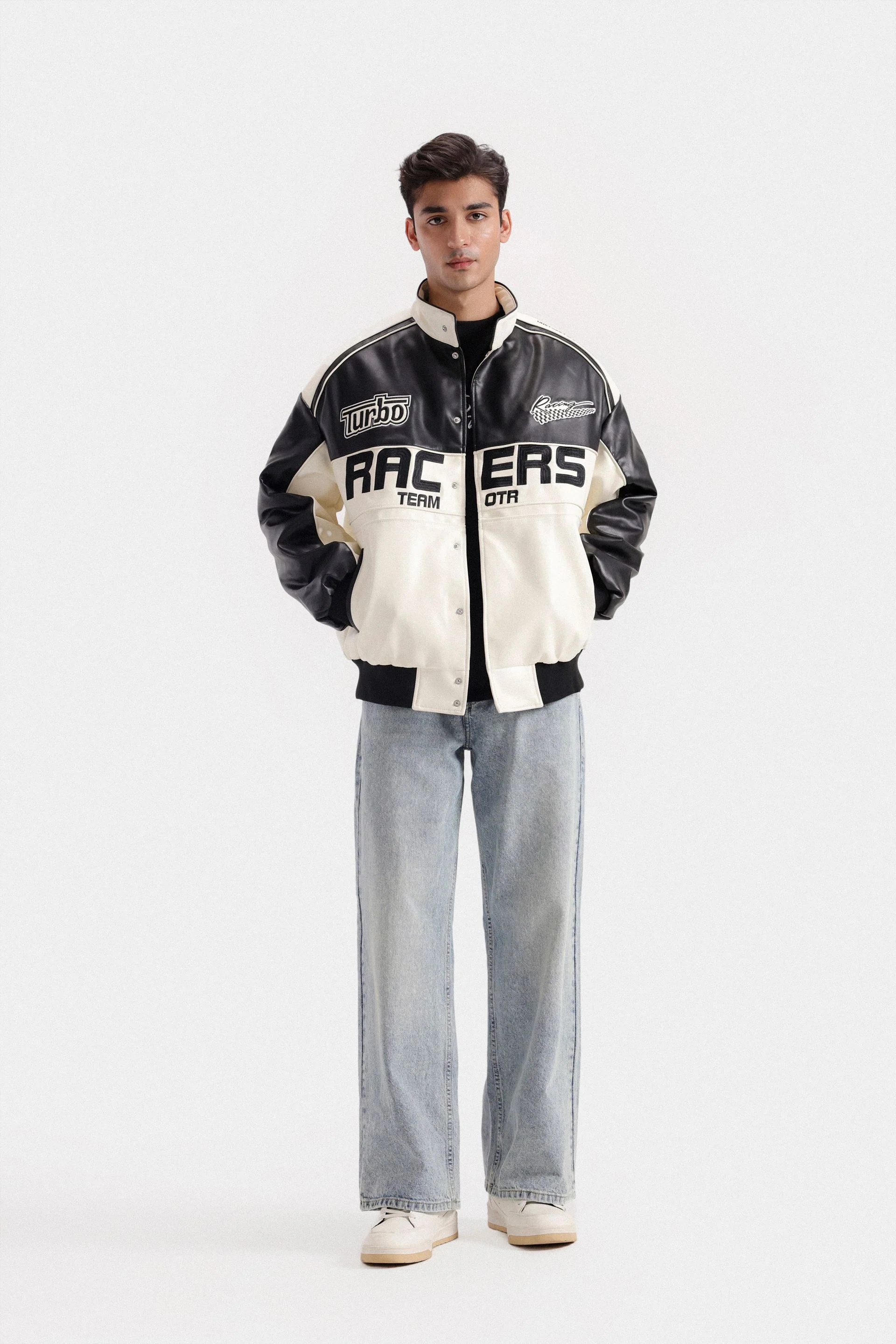 AFZI Faux Leather Varsity Bomber Jacket