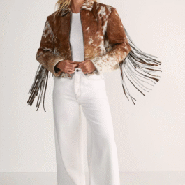 AFZI Women Western Cowgirl Full Grain Cowhide Cow Skin Leather Jacket with Fringe