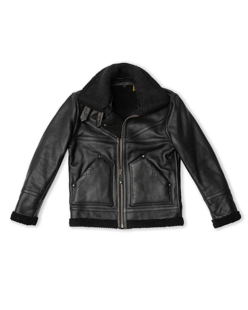 Mens Aviator Black Sheepskin Shearling Leather Cowboy Vintage Western Jacket - Image 4