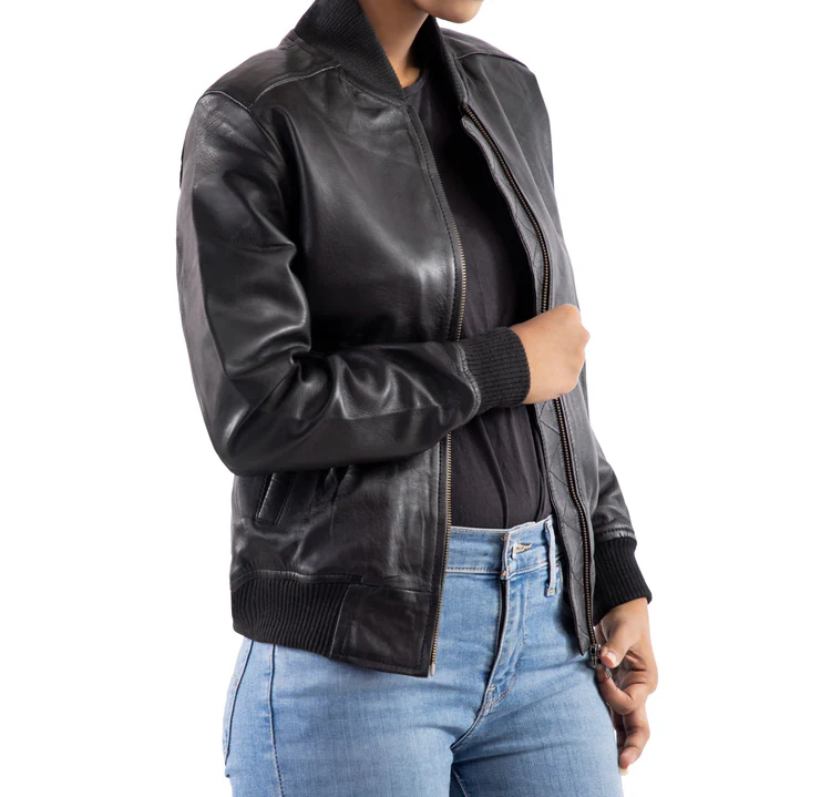 AFZI Women's Genuine Leather Classic Baseball Black Bomber Style Jacket - Image 2