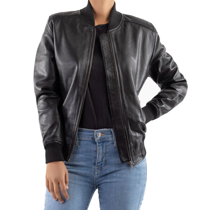 AFZI Women's Genuine Leather Classic Baseball Black Bomber Style Jacket - Image 3