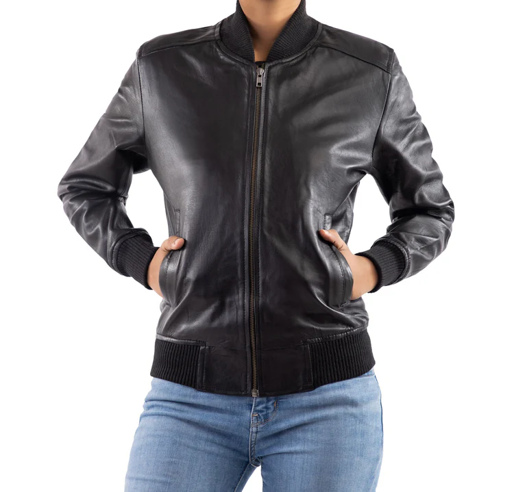 AFZI Women's Genuine Leather Classic Baseball Black Bomber Style Jacket - Image 4