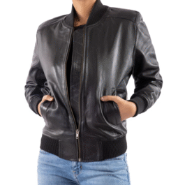 AFZI Women’s Genuine Leather Classic Baseball Black Bomber Style Jacket