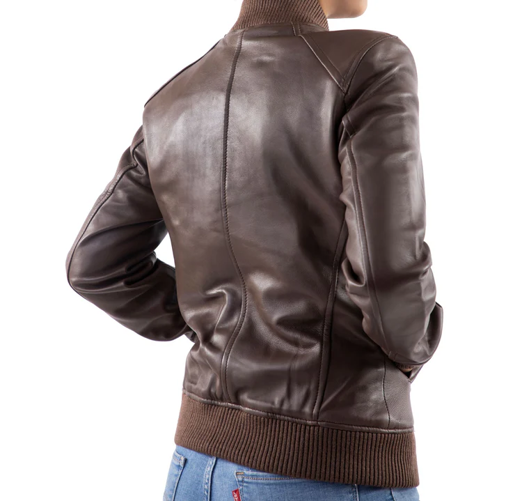 AFZI Women's Genuine Leather Classic Baseball Brown Bomber Style Jacket - Image 4