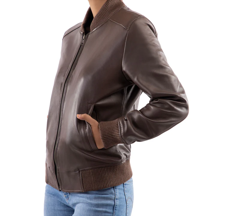 AFZI Women's Genuine Leather Classic Baseball Brown Bomber Style Jacket - Image 3
