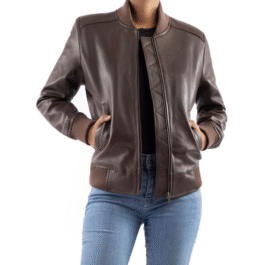 AFZI Women’s Genuine Leather Classic Baseball Brown Bomber Style Jacket