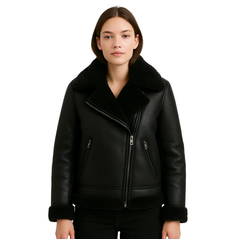 Women’s Black Shear-ling Leather Bomber Jacket – Real Lambskin with Full Faux Fur Collar - Image 3
