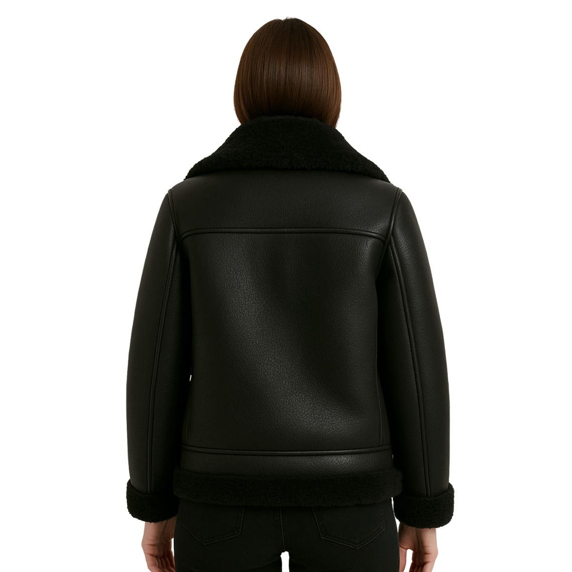 Women’s Black Shear-ling Leather Bomber Jacket – Real Lambskin with Full Faux Fur Collar - Image 4