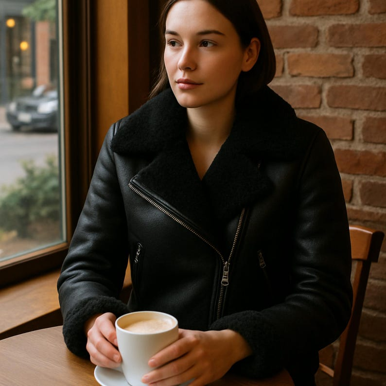 Women’s Black Shear-ling Leather Bomber Jacket – Real Lambskin with Full Faux Fur Collar - Image 2