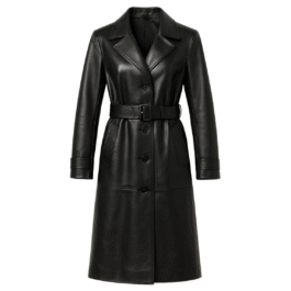Women’s Black Genuine Leather Trench Coat – Long Double-Breasted Overcoat with Belt & Stylish Lapels