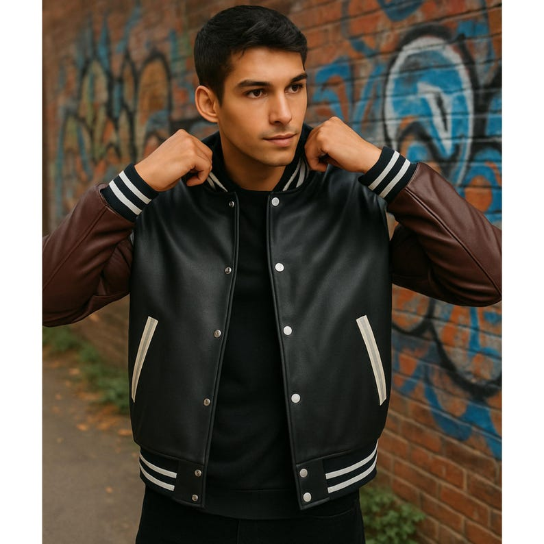 Men’s Genuine Leather Varsity Jacket – Black Bomber Jacket Brown Sleeves & White Stripe