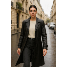 Women’s Black Genuine Leather Trench Coat – Long Double-Breasted Overcoat with Belt & Stylish Lapels