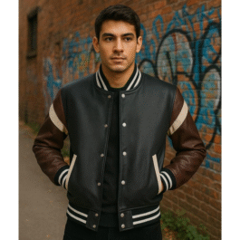 Men’s Genuine Leather Varsity Jacket – Black Bomber Jacket Brown Sleeves & White Stripe