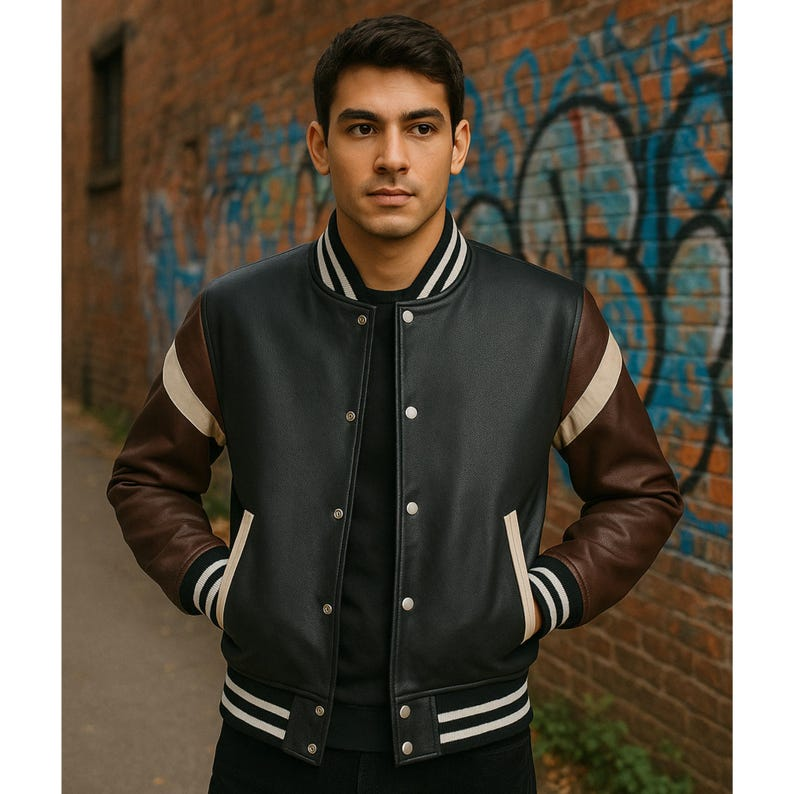 Men’s Genuine Leather Varsity Jacket – Black Bomber Jacket Brown Sleeves & White Stripe - Image 2