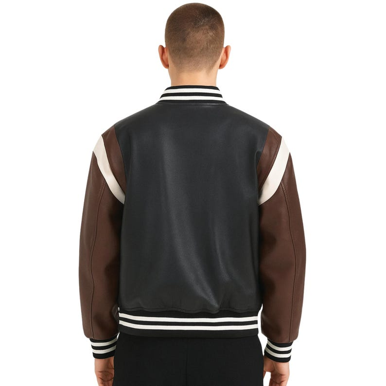 Men’s Genuine Leather Varsity Jacket – Black Bomber Jacket Brown Sleeves & White Stripe - Image 3