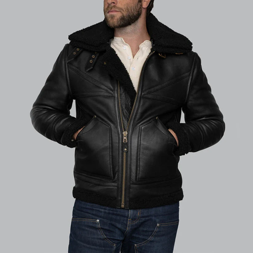 Mens Aviator Black Sheepskin Shearling Leather Cowboy Vintage Western Jacket - Image 2